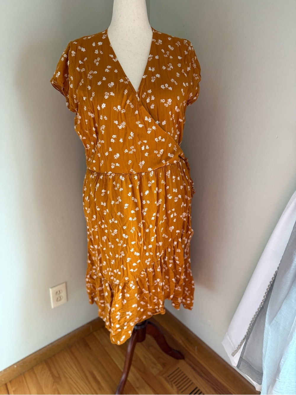 Old Navy Mustard Floral Wrap-Style Midi Dress